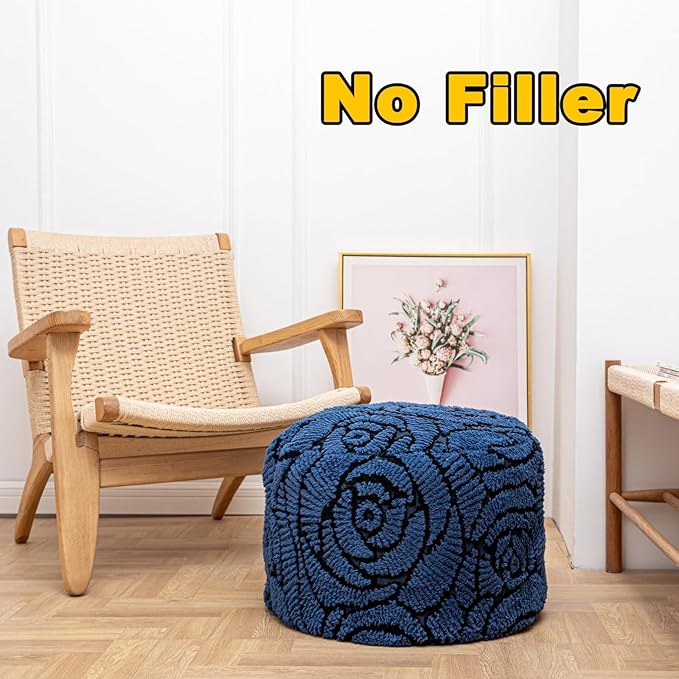 Asuprui Fluffy Flower Pouf Ottoman Cover Only – 20"x14" Round Plush Fuzzy Pouf Shell for Footrest, Stool or Floor Seat, Soft Removable Home Decor (No Insert Included) (Navy Blue)