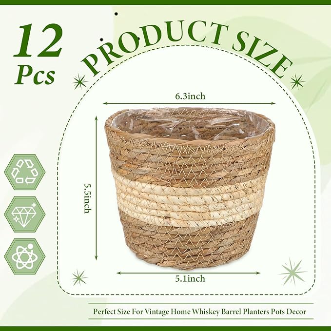 12 Pcs Seagrass Plant Basket with Plastic Liners Woven Stylish Planter Baskets Bulk Indoor Outdoor Plants Woven Wicker Baskets for Flower Pots Cover and Room Decor Small (Small,Bohemian)