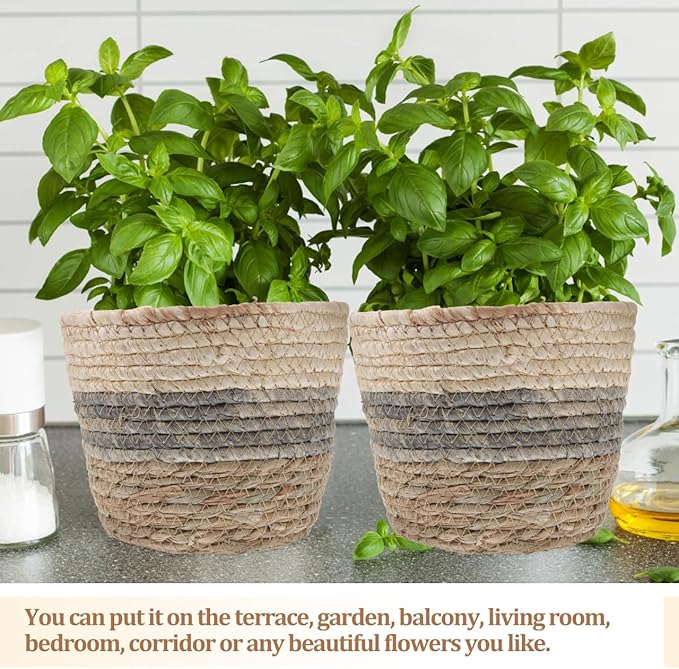 2PCS Plant Baskets Indoor with Liner Rattan Pots Planter Baskets Seagrass Indoor Planter Wicker Planters for and Outdoor Plants