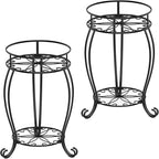 FaithLand 2 Pack Plant Stands, Heavy Duty Metal Planter Holder Indoor Outdoor, 2 Tier Round Potted Supports Rack, Corner Display Shelf Black