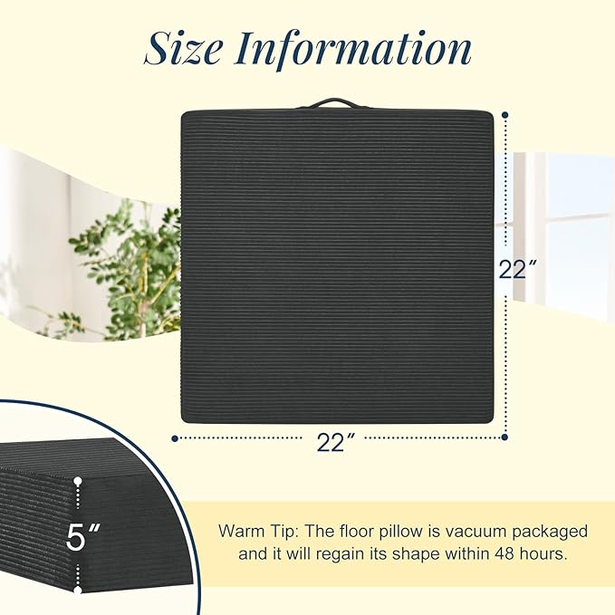 Wellsin Solid Square Floor Pillows for Adults Kids - Large Meditation Floor Pillow Seating Cushion with Thick Foam & Washable Velvet Cover, 1 Pack, 22x22x5 Inch, Gray