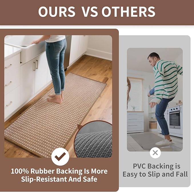 Kitchen Mat Kitchen Rugs Sets of 2 PCS Non Slip Washable, Super Absorbent Soft Braided Kitchen Mats for Floor, Rubber Backing Comfort Standing Kitchen Sink Mat Runner Rug, Brown 17"x28"+17"x47"