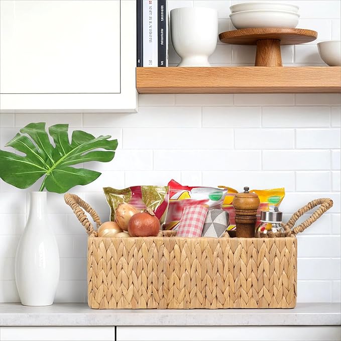 Divided Hyacinth Baskets with Handles, Storage Basket Natural for Organizing Bathroom Kitchen Shelves Office Supplies Organization, Wicker Storage Baskets 4 Section Rectangular Tray