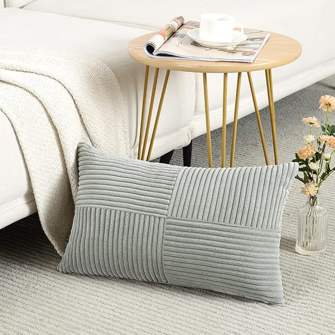 Fancy Homi 2 Packs Grey Lumbar Decorative Throw Pillow Covers 20x28 Inch for Living Room Couch Bed Sofa, Rustic Farmhouse Boho Home Decor, Soft Striped Corduroy Rectangle Accent Cushion Case 50x70 cm