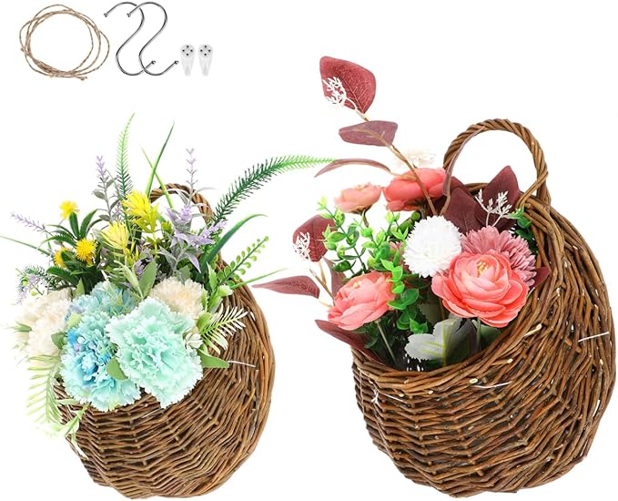 Yardwe Wicker Planter Wall Hanging Flower Pot Set - Rattan Hanging Basket for Indoor Outdoor Garden Decor 2 Pieces 4.7X10.5X4.7 Inches