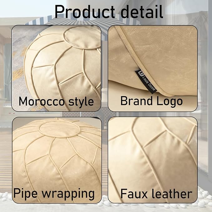 Louis Donné Unstuffed Pouf Ottoman Cover, Round Foot Stool for Poufudic Foot Rest, Storage Bean Bag Floor Chair Waterproof Faux Leather Pouffe Footstool for Living Room Fashion Design (White)