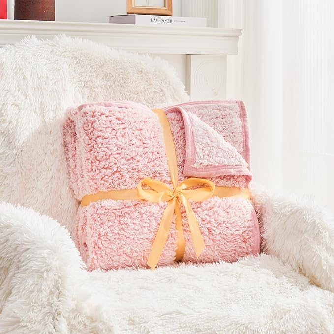 EMME Soft Sherpa Fleece Blanket Reversible Plush Fluffy Large Blanket, Light Weight Warm Decorative Boho Blanket Cover for Sofa, Couch, Bedroom,Travel(Plush Pink,108"x90")