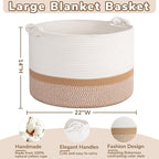 CherryNow 22"x22"x14" Large Blanket Basket, Home Décor for Living Room Bedroom, Cotton Rope Laundry Basket for Clothes Pillows, Baby Fall Decorations for Home Toy Storage, White & Camel
