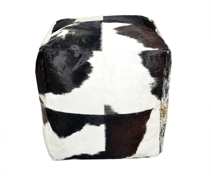 Unstuffed Premium Hair-on Leather Ottoman Pouf Cover, Boho Handmade Genuine Cowhide Square Footstool, Modern Cube Ottoman Footrest for Home Decor Living Room, Bedroom - 18X18 Inch, Black & White
