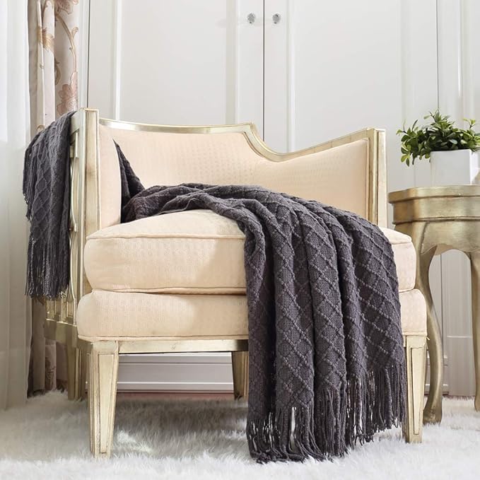 CREVENT Knitted Decorative Throw Blanket for Couch Sofa Chair Bed, Soft Breathable Lightweight for Spring Summer (50''X60'' Dark Grey/Black)
