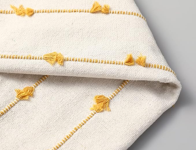 Set of 2 Boho Throw Pillow Covers 24x24,Beige Yellow Neutral Couch Pillow Case with Tassel Fringe Decorative，Modern Accent Farmhouse Cushion Covers for Sofa Couch Bed Living Room