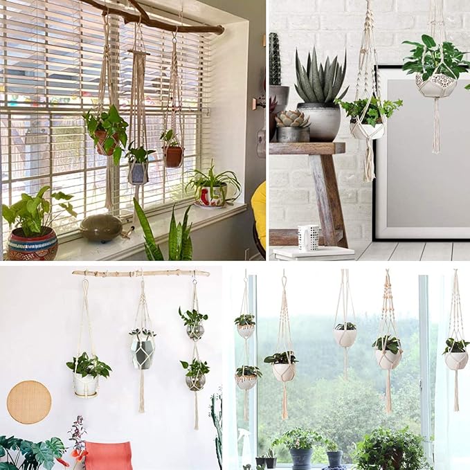 Macrame Plant Hangers Handmade Cotton Rope Flower Pot Holder Boho Theme Indoor Outdoor - Pack of 5 with Ceiling Hooks