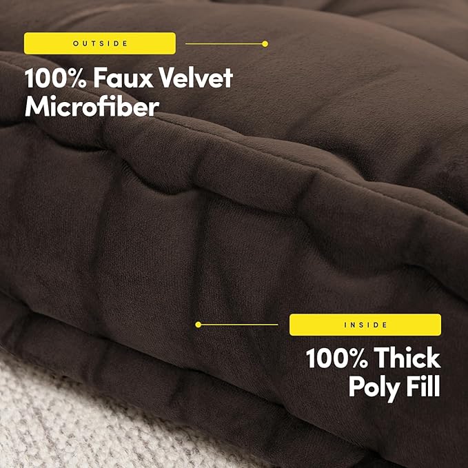 Floor Pillow Large Square Tufted Decorative Cushion 20" x 20" Faux Velvet Fabric Ultra Thick Fill for Kids and Adults, 2 Pack, Coffee Brown