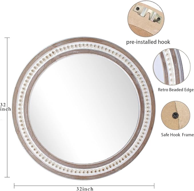 30 Inches Farmhouse Large Round Wall Mirrors Wooden, Rustic Decorative Circle Mirror for Bathroom Over Sink, Bedroom, Living Room, Entryway