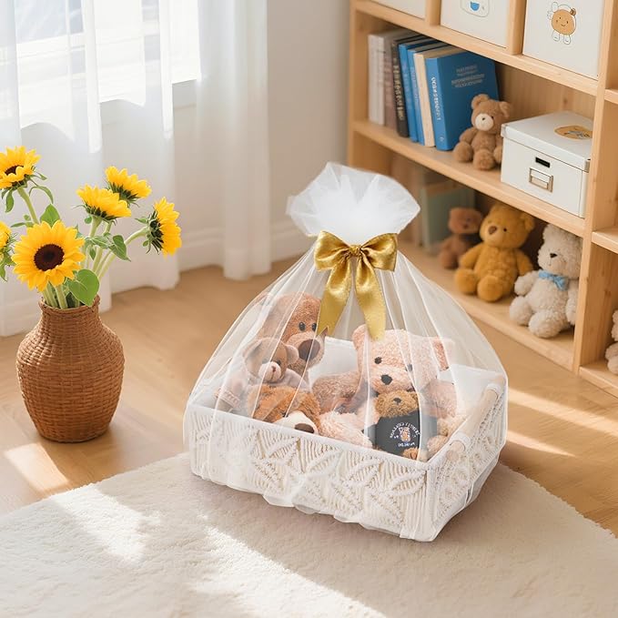 ZOOFOX Set of 3 Macrame Storage Basket, Handmade Woven Boho Basket with Cloth Liner and Wooden Handles, Decorative Toilet Tank Shelf Cabinet Organizer for Bedroom Living Room Nursery