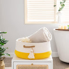 KAKAMAY Woven Baskets for Storage(16"x8"),Blanket Basket for Organizing Living Room,Cotton Rope Basket Woven Baby Laundry Hamper,Collapsible Laundry Room Organization,Clothes,Toy Chest(Yellow)