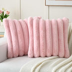 FUTEI Pink Decorative Throw Pillow Covers 20x20 Inch Set of 2, Square Soft Faux Rabbit Fur Thick Striped Cushion Cover,Spring Home Decor for Couch Bed Living Room