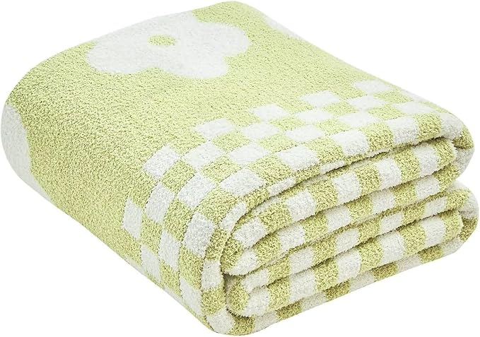 Checkered Throw Blanket, Sage Green Super Soft Knit Breathable Throw Blanket, Cozy Fluffy Reversible Checkerboard Flower Fuzzy Blanket for Couch Sofa Bed Living Room Decor 50 x 60 inch