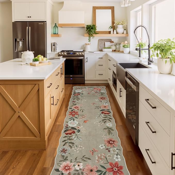 Lahome Floral Runners for Hallways, 2'6''x8' Kitchen Runner Rug Non Slip, Soft Washable Runner with Rubber Backing Carpet for Laundry Bedroom Bathroom Flore (Brown)