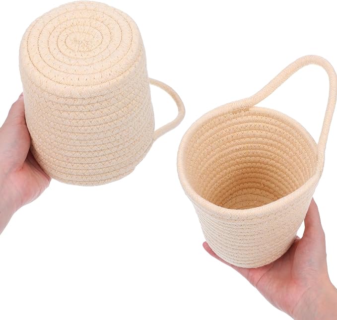 4 Pack Hanging Woven Basket, Small Hanging Basket for Wall, Boho Style Cotton Rope Storage Organizer, Woven Wall Baskets for Home Decor (Beige, 5.5" x 5.5")