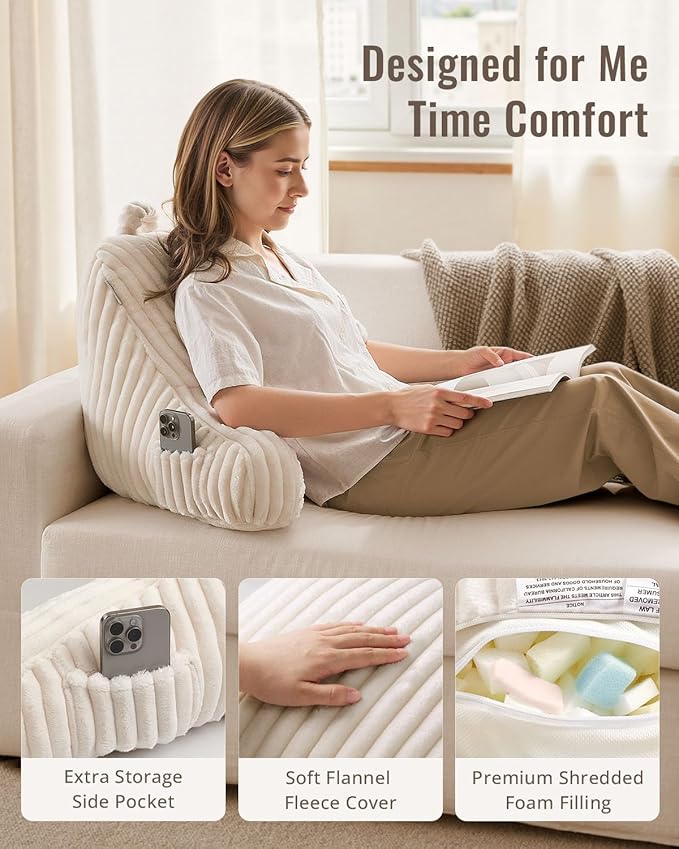 Blissful Diary Reading Pillow for Sitting in Bed, Flannel Back Pillow Bed Sitting Up for Adult & Children, Backrest Cushion for Sit Up in Couch or Floor, Dorm Essentials, Cream White
