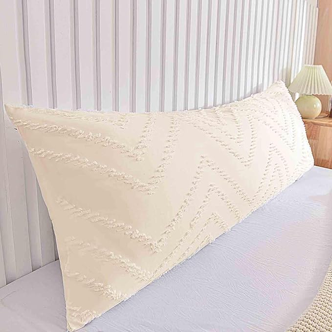 Nanko Body Pillow Case Cover 1 Pack 20x54 with Zipper, Beige Tufted Jacquard Boho Soft Shabby Chic Microfiber Long Decorative Pillow Covers/Pillow Shams, Comfortable Body Pillowcase for Women Men