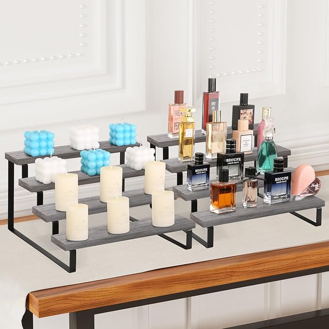 YINMIT Wooden Display Riser Stand, Tiered Perfume and Cologne Organizer Stand, 4 Tier Spice Rack Organizer, Rustic Display Shelf for Candles (4 Tier,2Pack,Grey)