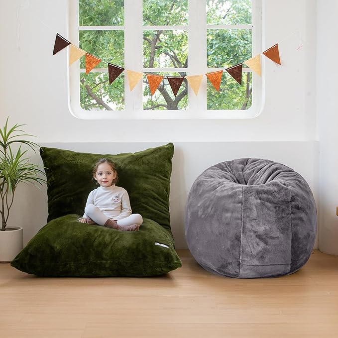 MAXYOYO 3 in 1 Kids Bean Bag Chair Bed, Child Floor Sofa for Gaming, Reading, Faux Fur Floor Mattress with High-Density Foam Filling for Living Room Bedroom