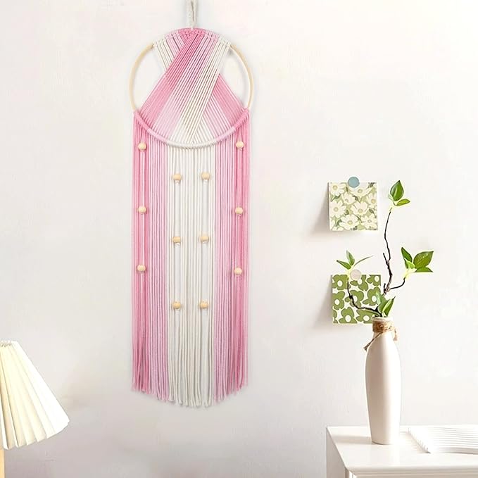 EOBTAIN Pink Macrame Wall Hanging Dream Catchers Pink and Beige Woven Tapestry Wall Art with Ombre Tassel, Boho Macrame Wall Decor for Bedroom Living Room Apartment Home,31.5L x9.84W Inch