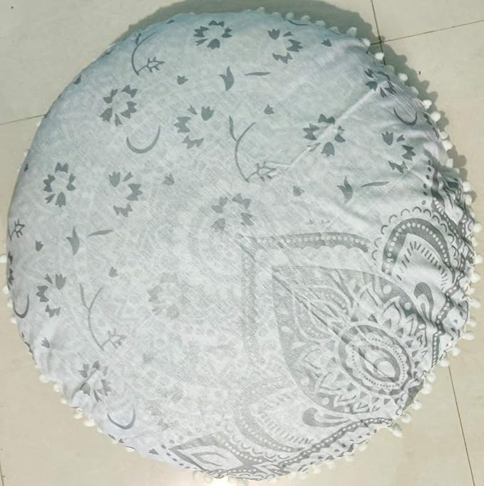 CRAFT KALA Mandala Floor Pillow Cushion Cover Seating Throw Cover Hippie Decorative Bohemian Ottoman Poufs Pom Pillow Cases Indian Cotton Living Room Home Décor 24" Round Set Of 2, White Silver Flower