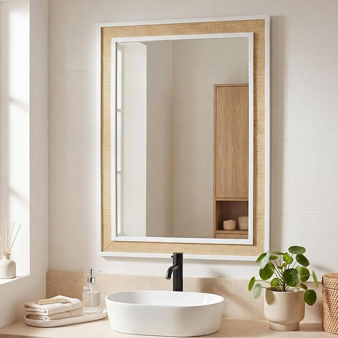 Rectangle Rattan Mirror, 24"x36" Rattan Wall Mirror for Bathroom, Large Farmhouse Wooden Mirror with Handmade Wicker Frame, Decorative Boho Mirror for Nursery Bedroom Living Room Entryway White