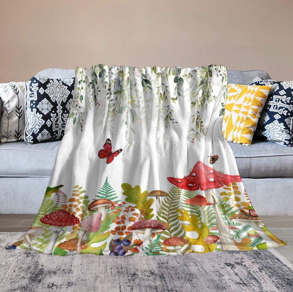 Rustic Mushroom Blanket,Vintage Green Nature Rustic Plant Leaf Flower Butterfly Print Blanket for Couch Sofa Bed Decorative Gifts 30x40 - color: Blanket-1, size: 30"x40"