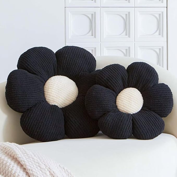 Black Flower Decorative Throw Pillows, Cute Daisy Shaped Plush Pillow, Soft 14.9" Floor Seat Cushion
