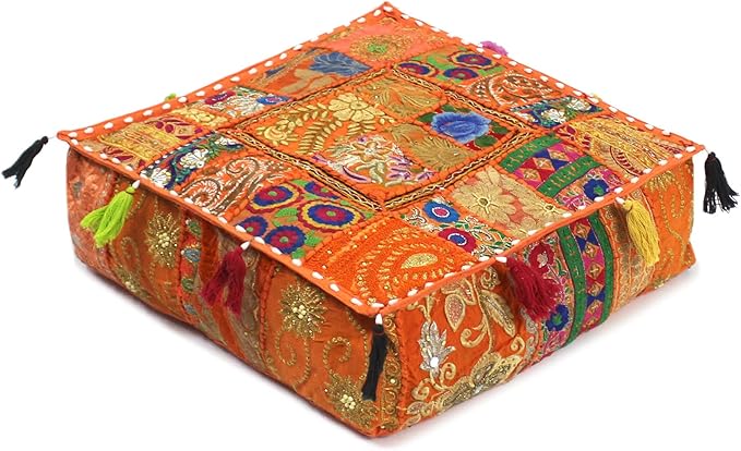 Mam Treasures Indian Bohemian Decorative Pillow Vintage Cushion Cover Patchwork Square Floor Pillow Cover Meditation Cushion Large Floor Pillow Indian Cushion (Orange, 22 X 22 X 5 Inch)