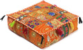 Mam Treasures Indian Bohemian Decorative Pillow Vintage Cushion Cover Patchwork Square Floor Pillow Cover Meditation Cushion Large Floor Pillow Indian Cushion (Orange, 22 X 22 X 5 Inch)