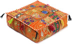 Mam Treasures Indian Bohemian Decorative Pillow Vintage Cushion Cover Patchwork Square Floor Pillow Cover Meditation Cushion Large Floor Pillow Indian Cushion (Orange, 22 X 22 X 5 Inch)