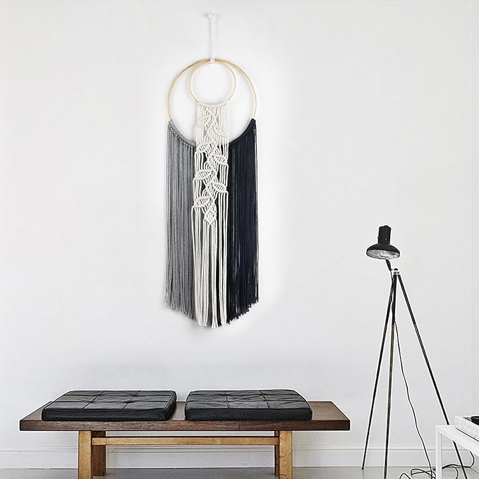 LB Boho Black White Grey Macrame Wall Hanging Hand Woven Leaf Pattern Tapestry Wall Art with Wood beads Modern Aesthetic Tassel Wall Decor for Home, Bedroom, Living Room