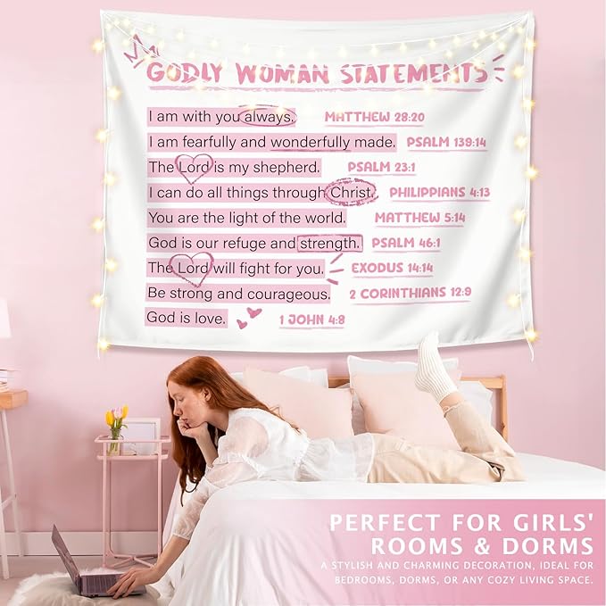 LIANGW Cute Pink Christian Tapestry Aesthetic for Bedroom, Coquette Preppy Room Decor for Teen Girls & Women, Dorm Decor for College Girls, Bible Verses Tapestries Wall Hanging 50x60 inche