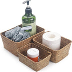 DOKOT Small Woven Wicker Open Storage, Rectangular Handmade Seagrass Baskets for Home, Bathroom Organization（Set of 3）