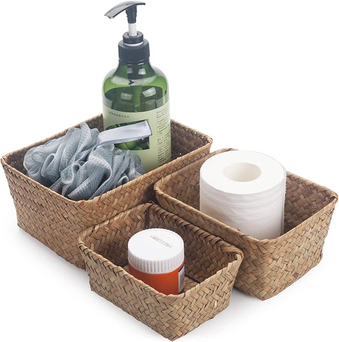 DOKOT Small Woven Wicker Open Storage, Rectangular Handmade Seagrass Baskets for Home, Bathroom Organization（Set of 3）