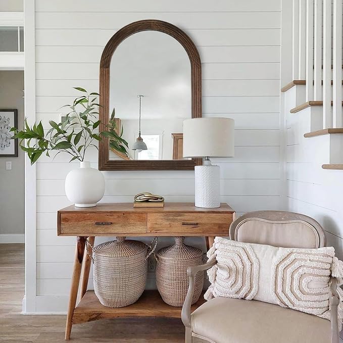 LOSOUR Arched Mirror, Farmhouse Decor Solid Wood Frame Wall Mirror, Bathroom Mirrors, Large Vintage Mirror for Bathroom, Living Room,Bedroom, Entryway, Hallway,Foyer (Coffee, 36" L x 24" W)