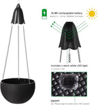 Glitzhome 30" H Hanging Planter with Solar Lights, Black Plastic Garden Planting Pot for Patio Front Porch Balcony or Inside Home, Set of 2