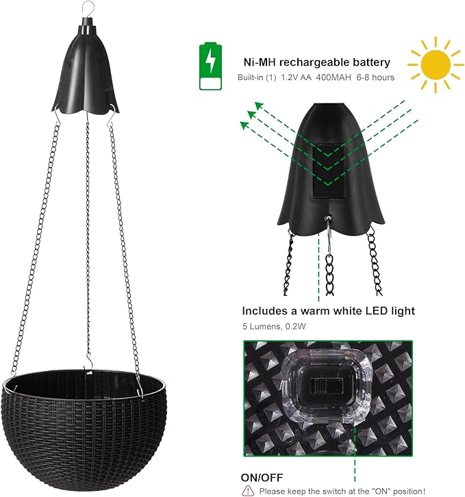 Glitzhome 30" H Hanging Planter with Solar Lights, Black Plastic Garden Planting Pot for Patio Front Porch Balcony or Inside Home, Set of 2