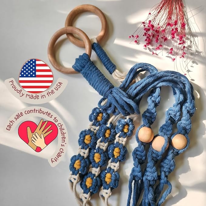 Set of 2 Macrame plant hanger with Daisies & Beads | Hanging plant holder Macrame Plant hangers outdoor and indoor hanging planters Plant stand indoor Boho Decor hanging planter stand (Peacock Blue)