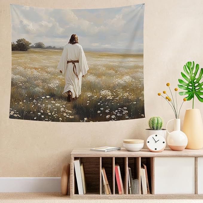bitCNY Jesus in Field Tapestry 60x50 Inches – Solitude Christian Wall Art, Peaceful Religious Tapestry for Bedroom Living Room, Faith Journey Decor