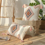 Pink and White Bohemian Decorative Throw Pillow Covers 18x18 Inch - Geometric Moroccan Tufted Covers with Tassels | Boho Decor for Sofa Bed Living Room | Dusty Rose & Cream Textured (Set of 1 A)