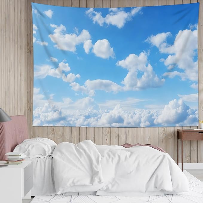 LB Blue Sky Cloud Tapestry Modern Aesthetic Nature Landscape Wall Tapestry Blue and White Clouds Wall Art Decor for Bedroom, Living Room, Dorm Decor 80Wx60L Inch