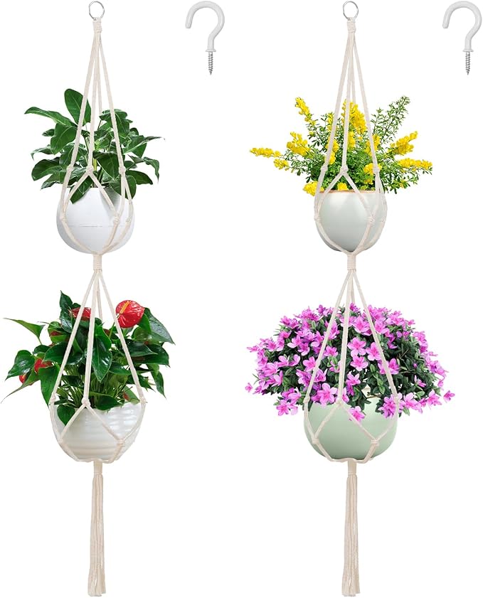 SNAIL GARDEN 2 Tier Macrame Plant Hanger, 2Pack Double Plant Hangers with Tassel Indoor Outdoor Hanging Planter Basket Handmade Cotton Rope Hanging Planters Set with 2Pcs Hooks for Boho Home Decor