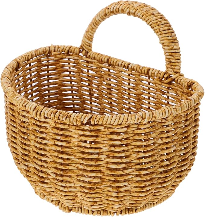 TEHAUX Hand Woven Hanging Basket for Kitchen Storage Lightweight Wall Mounted Rattan Style Organizer 7.08X5.90X5.11 Inches Space-Saving Container for Household Sundries