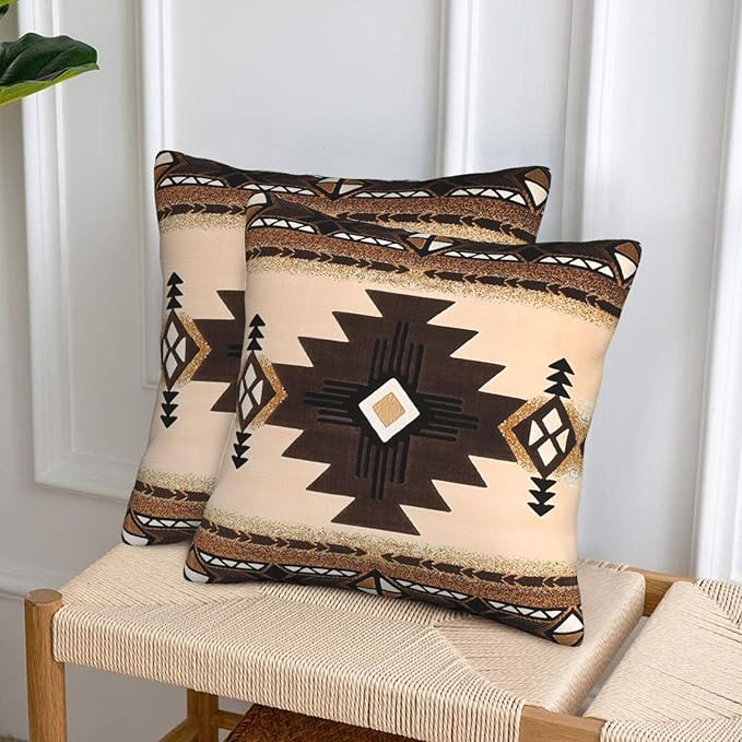 Western Aztec Throw Pillow Covers 16x16 Set of 2, Southwest Native American Brown Pillow Covers Outdoor Decorative Pillow Case for Couch Bed Sofa Cushion Home Decor